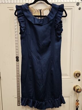 Navy Ruffle-Trim Midi Dress with Cap Sleeve Details,  Anthropology